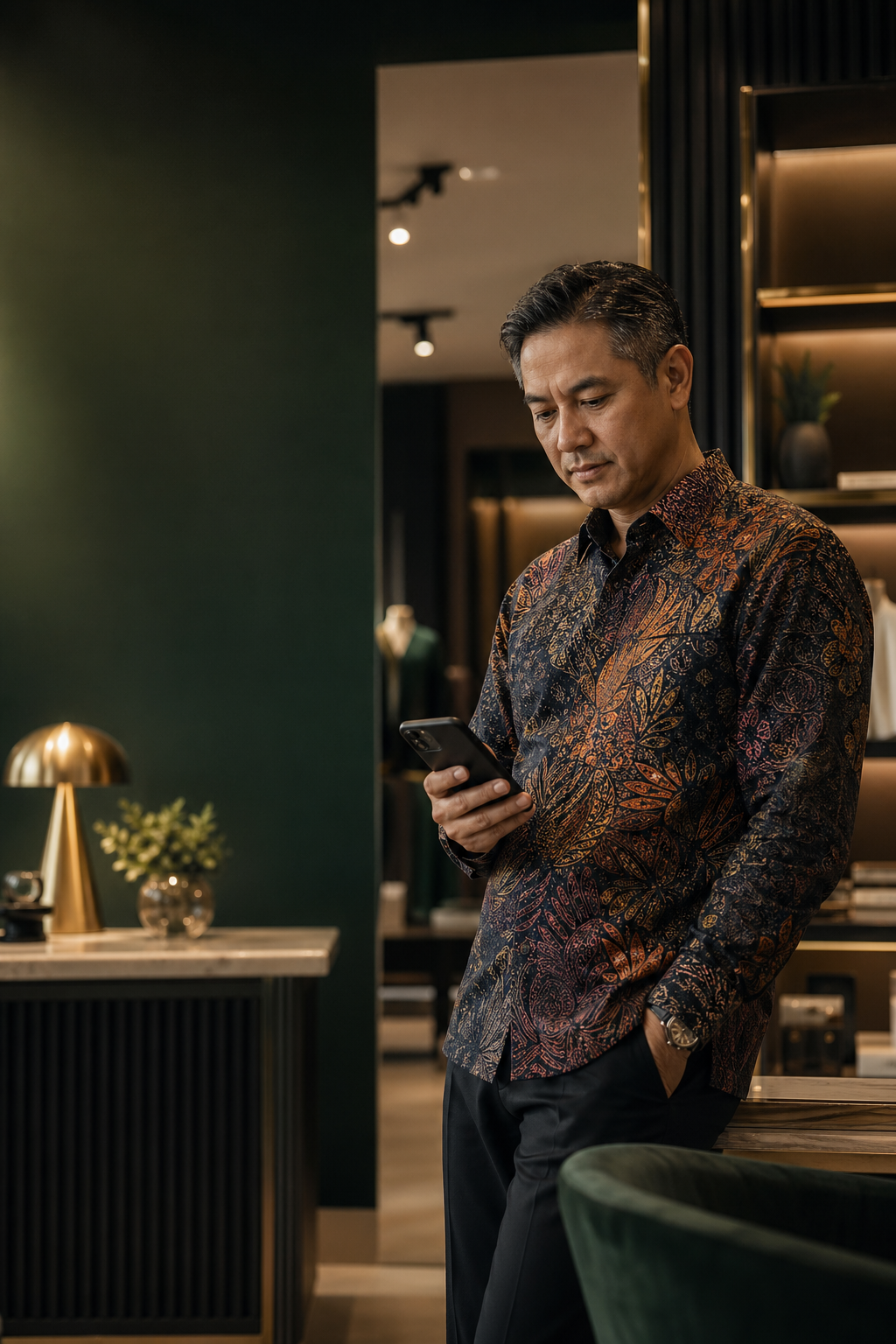 A Malaysian business owner in a batik shirt, standing in his showroom, looking at his phone with a calm expression