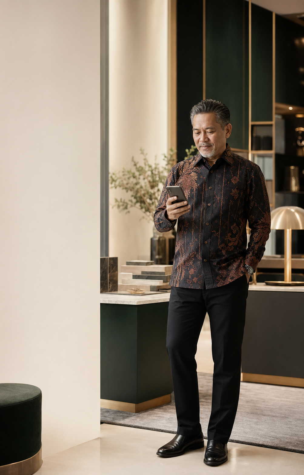 A full-length portrait of a Malaysian business owner in batik, standing on the showroom floor, phone in hand