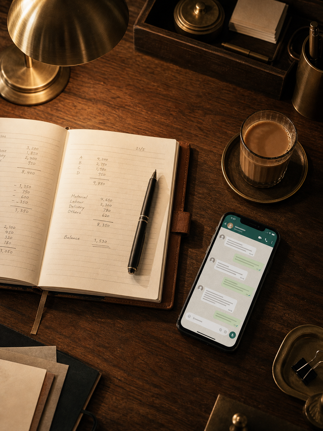 A top-down view of an owner's desk at night, leather ledger open with handwritten sales figures, brass desk lamp, phone showing WhatsApp Business chat, kopi tarik in a clear glass