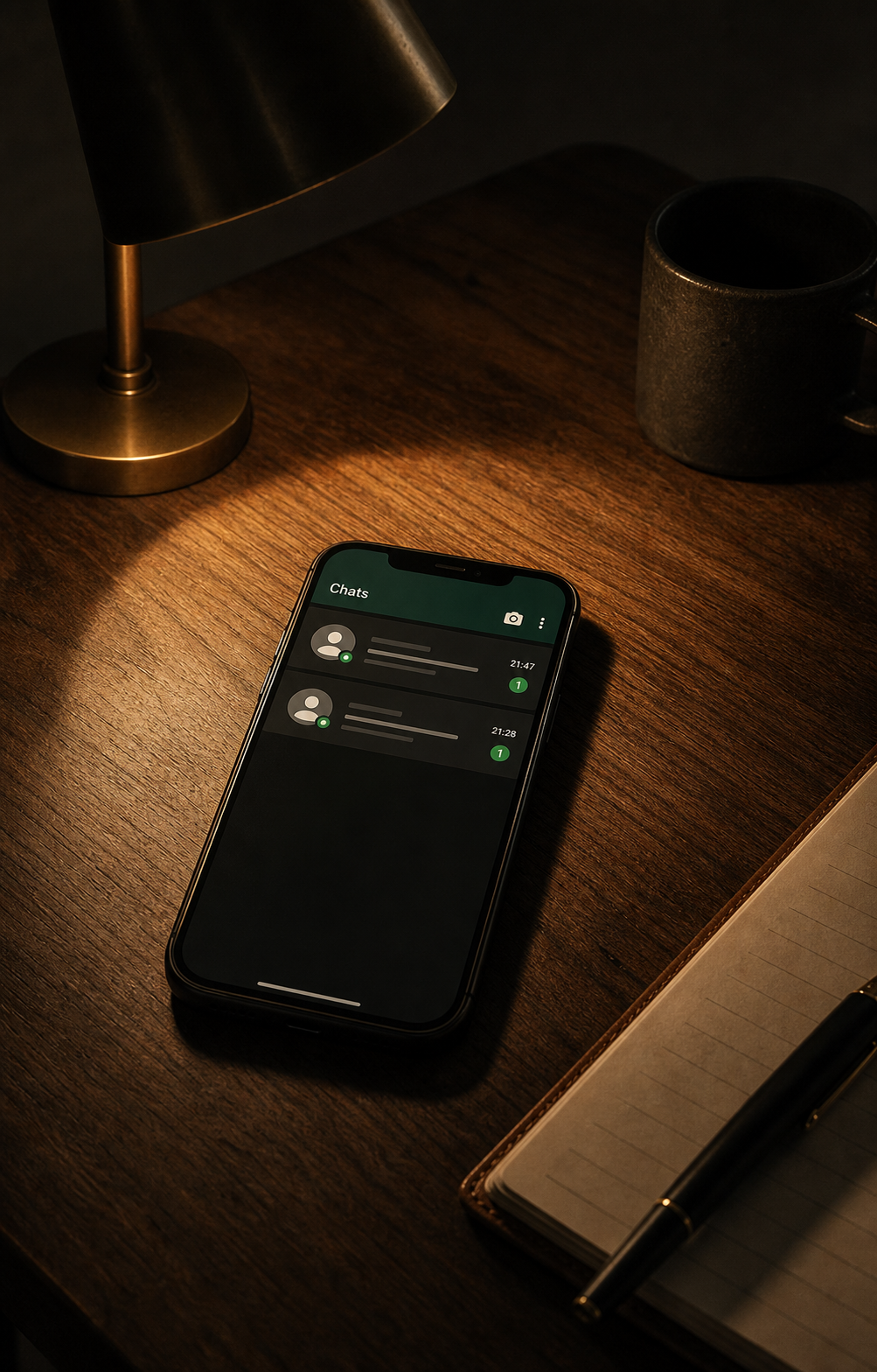 A phone face-up on a teak desk at 2am, three unread WhatsApp chats glowing under a single warm desk lamp, brass cup beside it