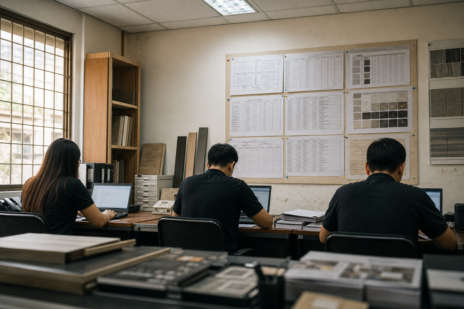 Three Malaysian salespeople from behind, each at a laptop, with material samples on shelves and a printed price list pinned to the wall