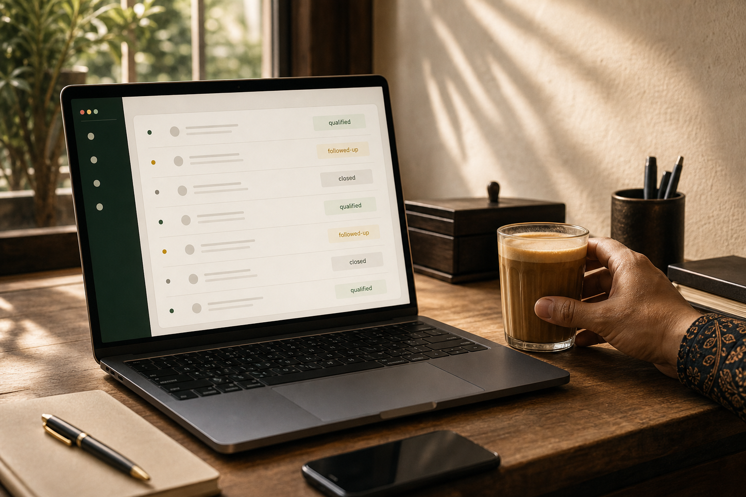A laptop open on a wooden desk in window light, showing a calm lead tracker with green and yellow status pills for qualified, followed-up, and closed; a hand in batik cuff reaching for kopi tarik in a clear glass