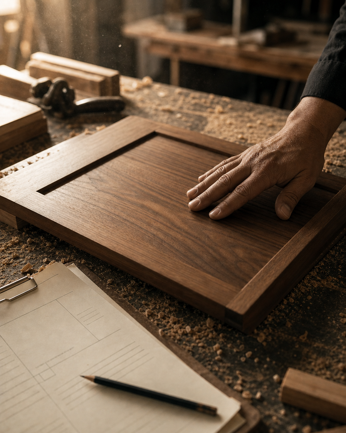 A craftsman's hand resting on a freshly built cabinet door panel with a clipboard and pencil on the workbench beside it