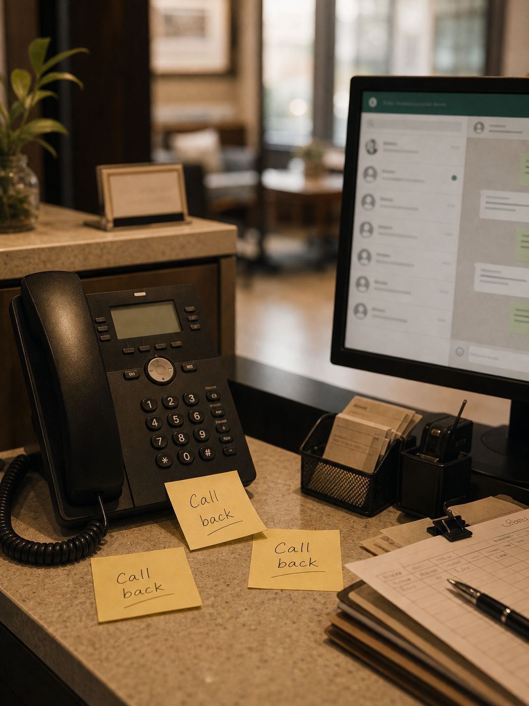 A reception desk with three yellow sticky notes reading 'Call back', a desk phone, and a monitor showing an open WhatsApp Web window with several conversations